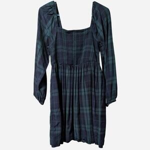 Old Navy Women's Navy and Green Blackwatch Plaid Smocked Dress Size L